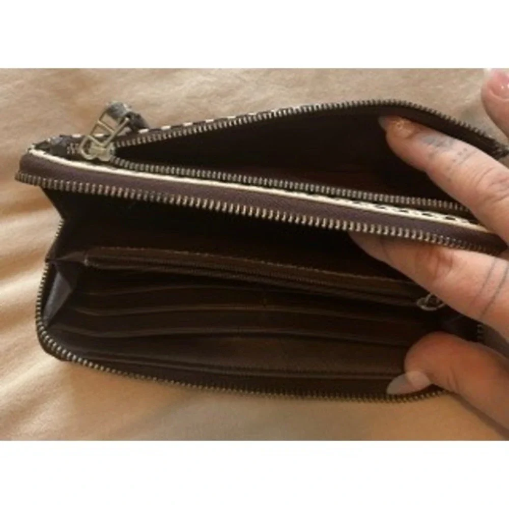 Fossil Black White Polka Dot Zip Around Clutch Wristlet Wallet Gold Logo